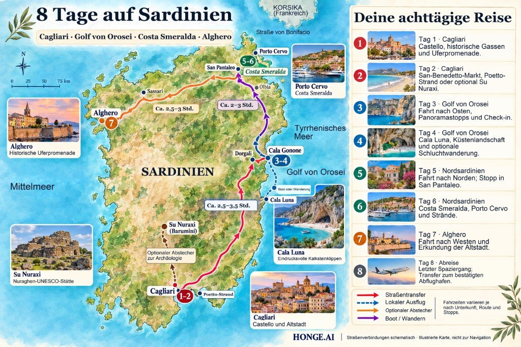 Illustrierte 8-Tage-Sardinien-Roadtrip-Karte von Cagliari zum Golf von Orosei, weiter zur Costa Smeralda und nach Alghero, mit optionalem Abstecher zu Su Nuraxi und Tag-für-Tag-Itinerar