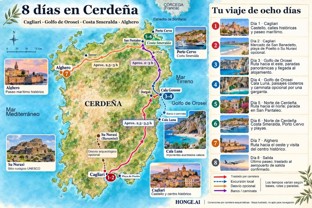 Mapa ilustrado del road trip de 8 días por Cerdeña desde Cagliari al golfo de Orosei, Costa Smeralda y Alghero, con desvío opcional a Su Nuraxi y panel día a día