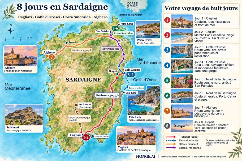 Carte illustrée du road trip Sardaigne en 8 jours, de Cagliari au golfe d’Orosei, puis Costa Smeralda et Alghero, avec détour facultatif à Su Nuraxi et panneau jour par jour