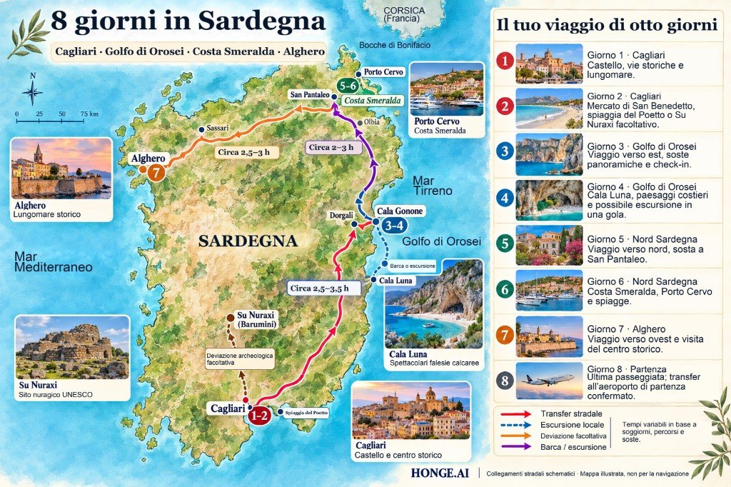 Mappa illustrata del road trip di 8 giorni in Sardegna da Cagliari al Golfo di Orosei, Costa Smeralda e Alghero, con deviazione facoltativa a Su Nuraxi e pannello giorno per giorno