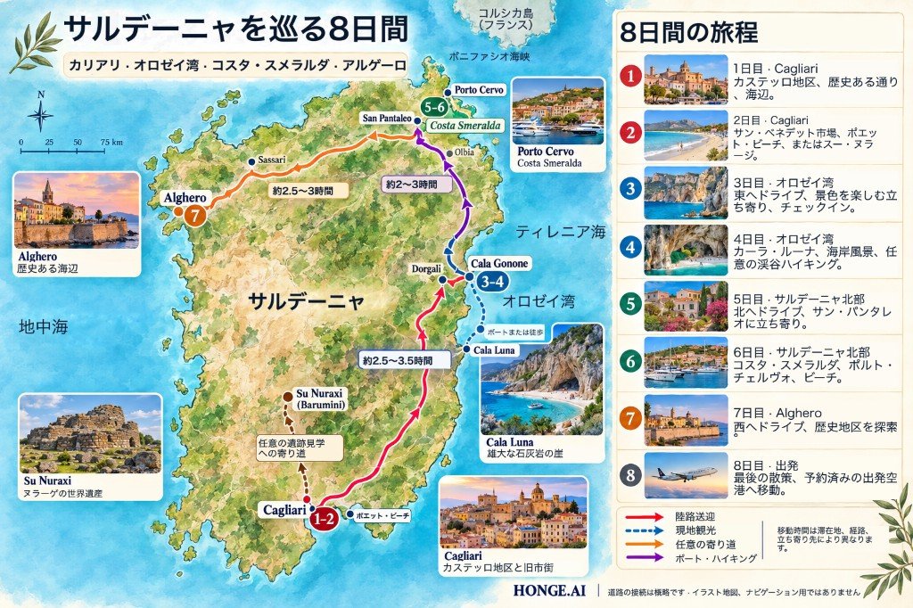 サルデーニャ8日間ロードトリップの図示マップ。カリャリからオロセイ湾、コスタ・スメラルダ、アルゲーロへ。スー・ヌラーシへの任意寄り道と日ごとの旅程パネル付き