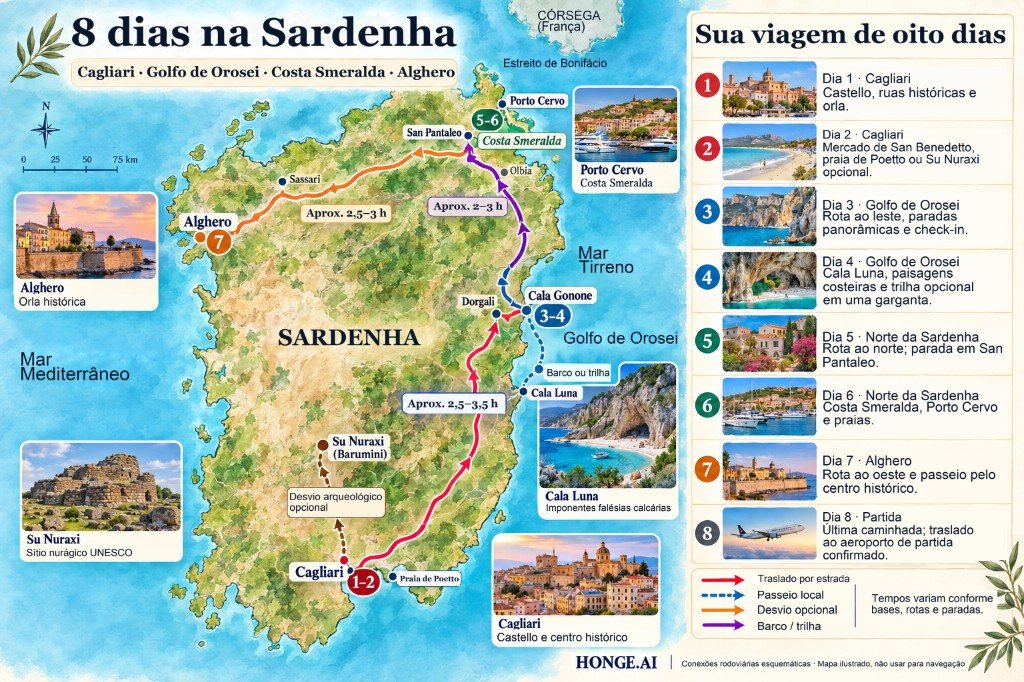Mapa ilustrado do road trip de 8 dias na Sardenha de Cagliari ao Golfo de Orosei, Costa Smeralda e Alghero, com desvio opcional a Su Nuraxi e painel dia a dia