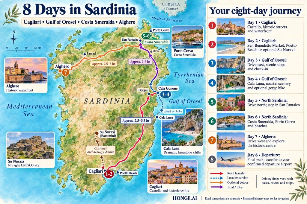 Illustrated 8-day Sardinia road-trip map from Cagliari to the Gulf of Orosei, north to Costa Smeralda and west to Alghero, with optional Su Nuraxi detour and day-by-day itinerary panel