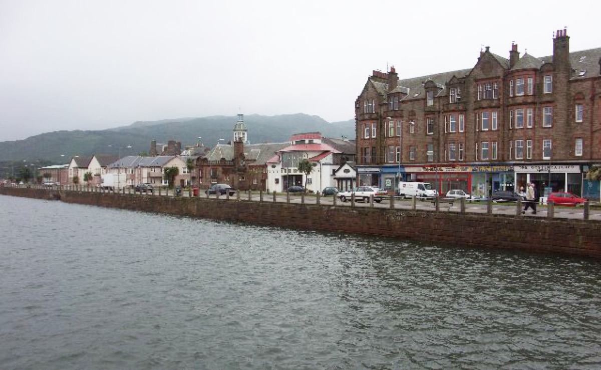 Campbeltown seafront with historic buildings along Campbeltown Loch