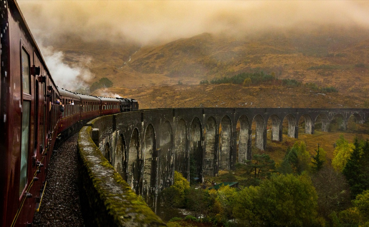 Jacobite steam train crossing the Glenfinnan Viaduct in the Scottish Highlands