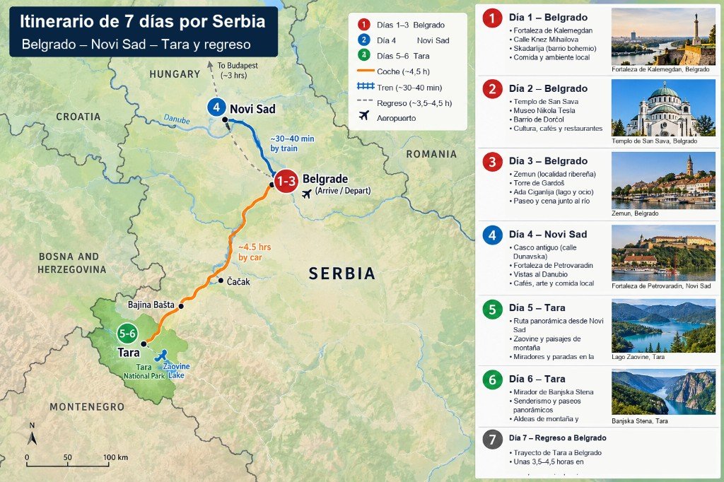 Mapa ilustrado de 7 días en Serbia: de Belgrado a Novi Sad y luego en coche por Čačak y Bajina Bašta hasta el parque nacional de Tara, con panel día a día