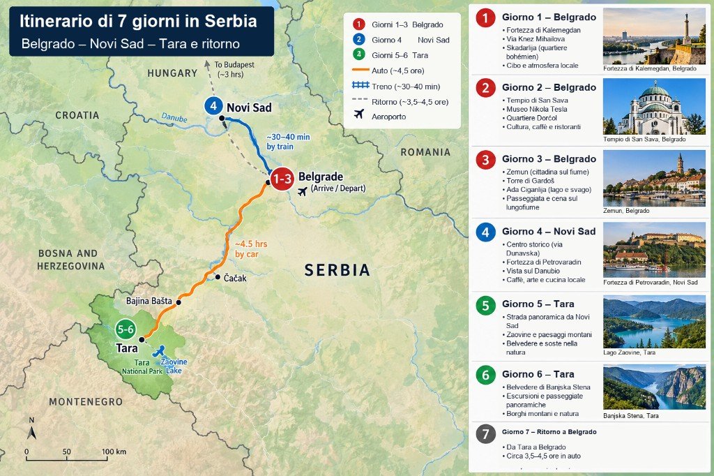 Mappa illustrata di 7 giorni in Serbia: da Belgrado a Novi Sad, poi in auto via Čačak e Bajina Bašta fino al Parco Nazionale di Tara, con un riquadro giorno per giorno