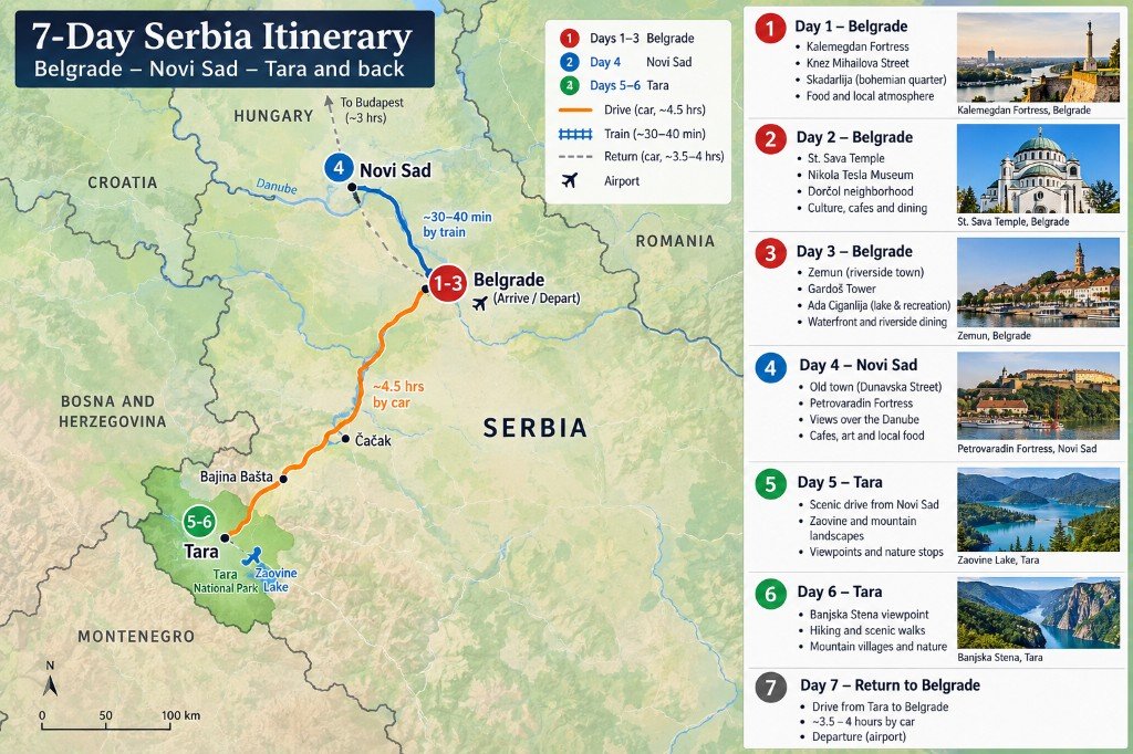 Illustrated 7-day Serbia route map from Belgrade north to Novi Sad, then by car via Čačak and Bajina Bašta to Tara National Park, with a day-by-day itinerary panel