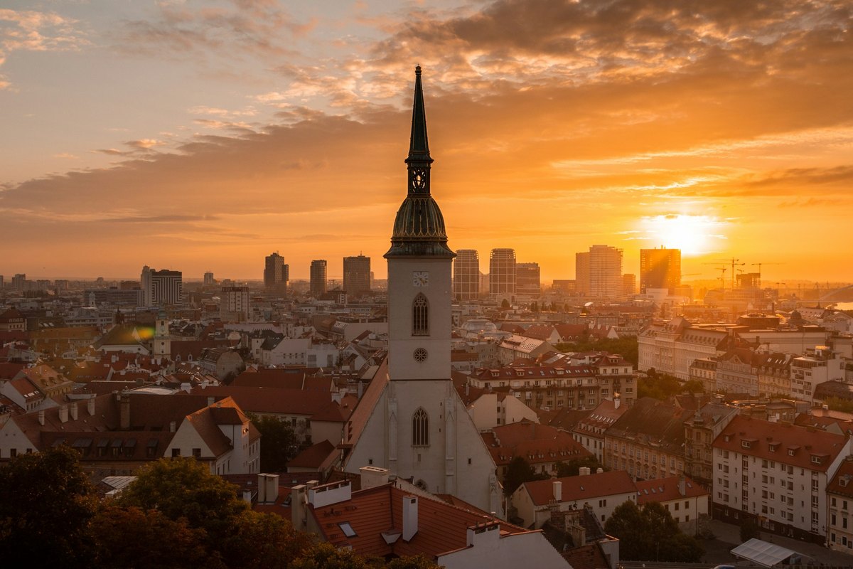 Bratislava skyline at sunset with the Church of St. Martin