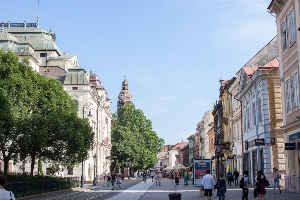 Main Street in Košice, lined with historic buildings