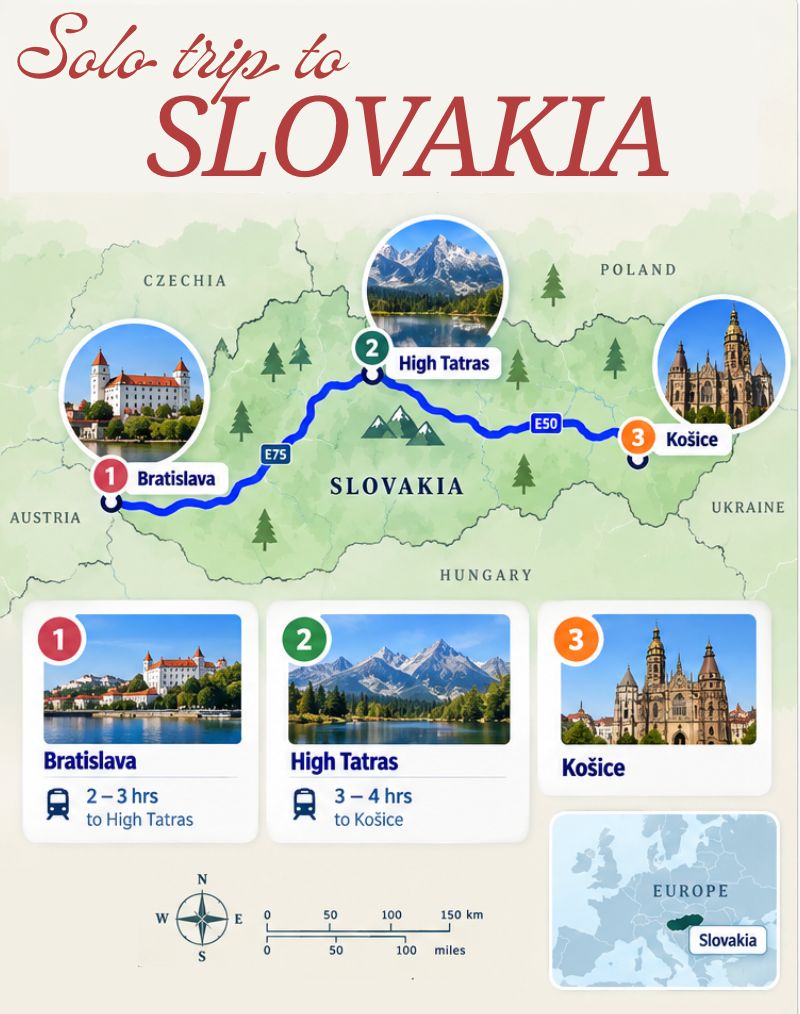 Illustrated 7-day solo Slovakia route map from Bratislava through the High Tatras to Košice