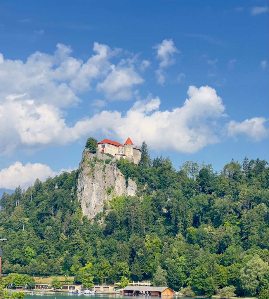 Bled Castle on its cliff above the lake, with red roofs and forested slopes under a blue sky