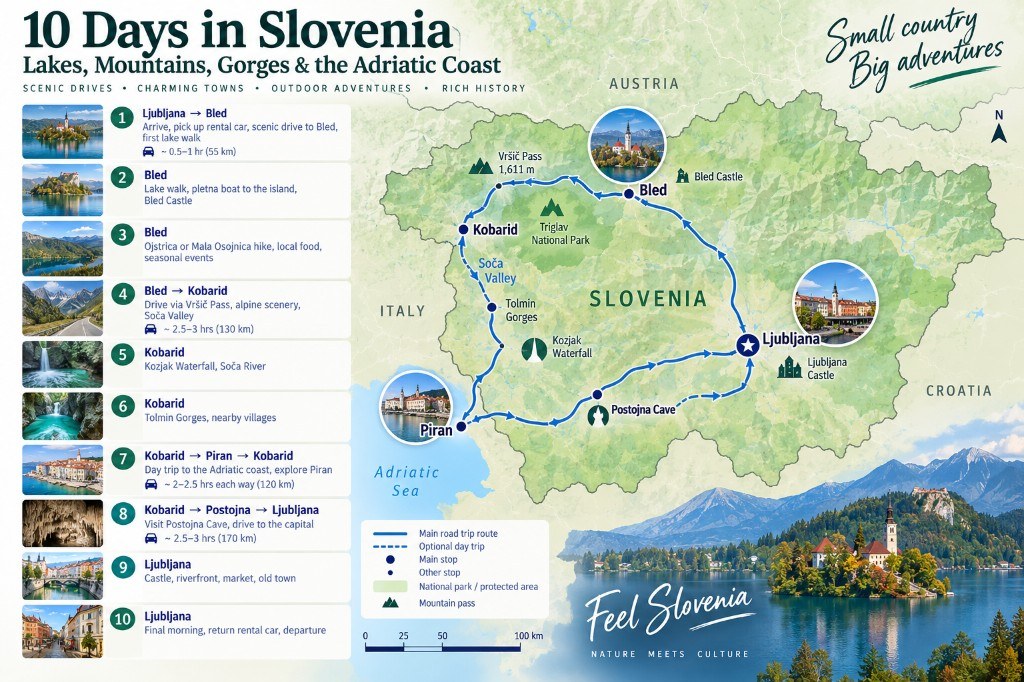 Illustrated 10-day Slovenia itinerary map from Ljubljana to Bled, over Vršič Pass to Kobarid and the Soča Valley, with a day trip to Piran and return via Postojna Cave