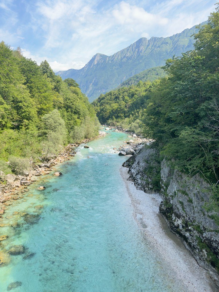 Turquoise river running through a forested gorge below limestone peaks near Tolmin, Slovenia