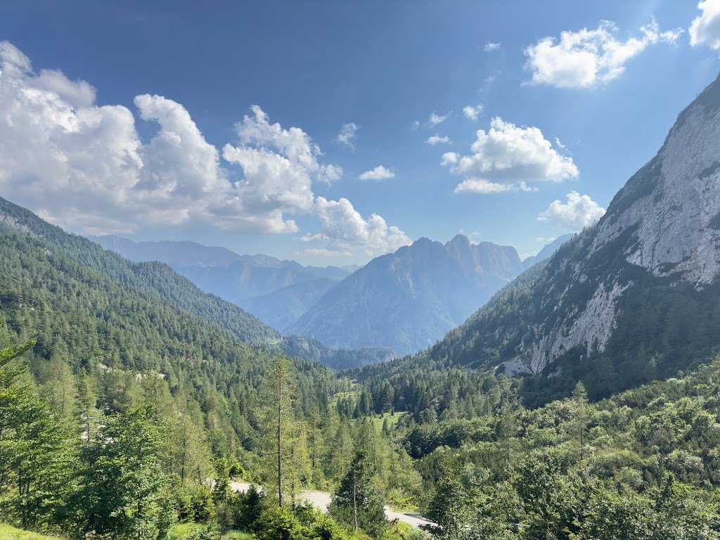 Forested valley and limestone peaks from the Vršič Pass road, Slovenia