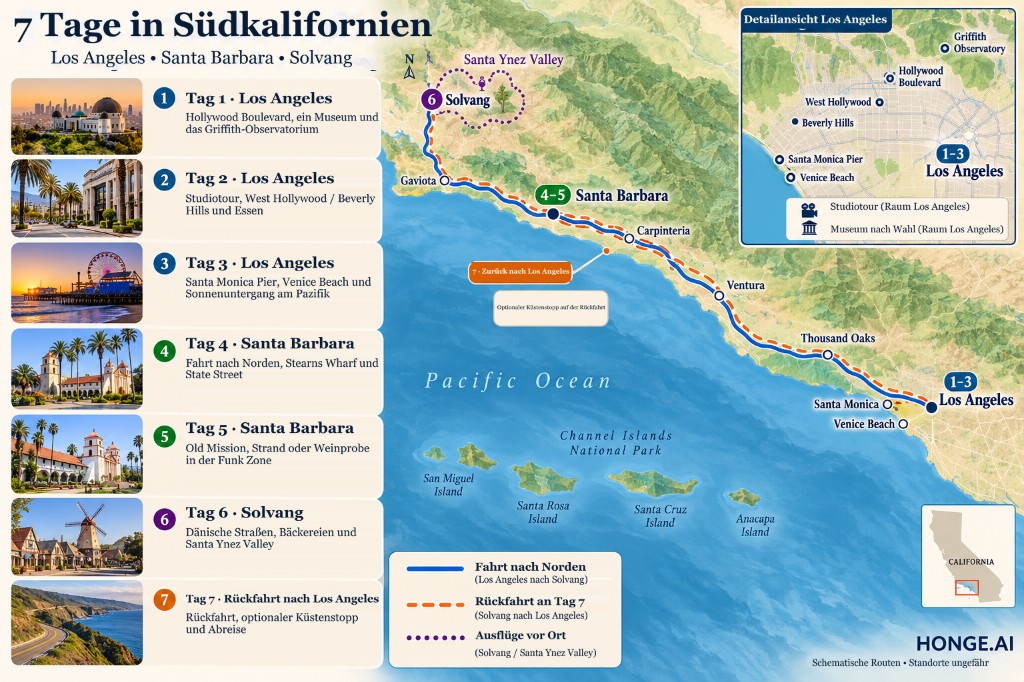 Illustrierte 7-tägige Reiseroutenkarte für Südkalifornien von Los Angeles nach Santa Barbara und Solvang mit Tagestafeln und Rückroute entlang der Küste