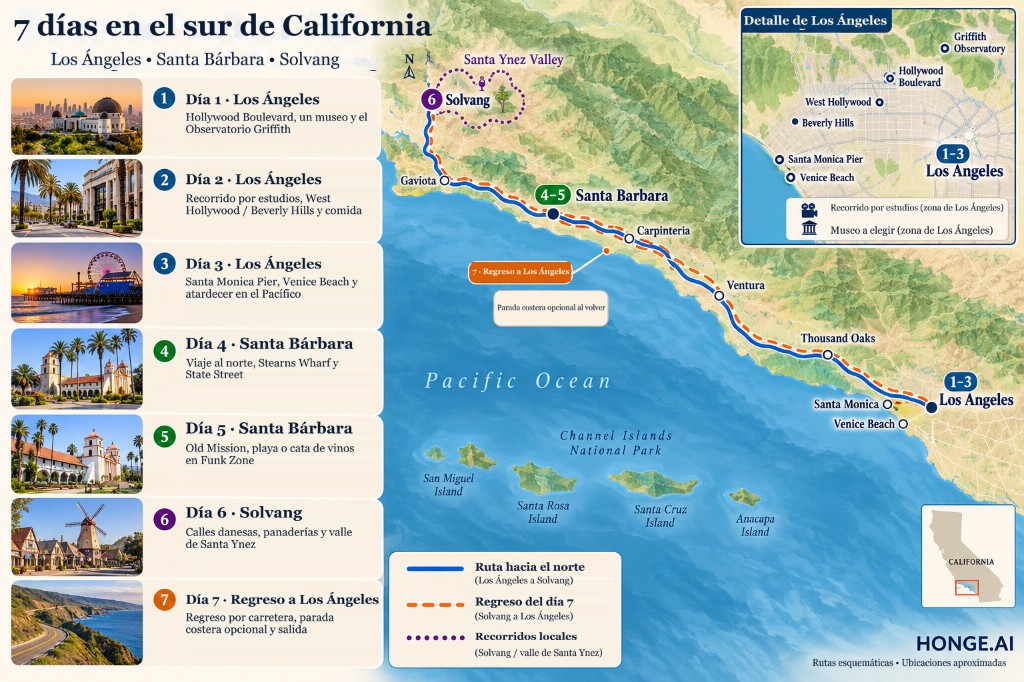 Mapa ilustrado del itinerario de 7 días del sur de California desde Los Ángeles a Santa Bárbara y Solvang con paneles día a día y ruta de regreso costera