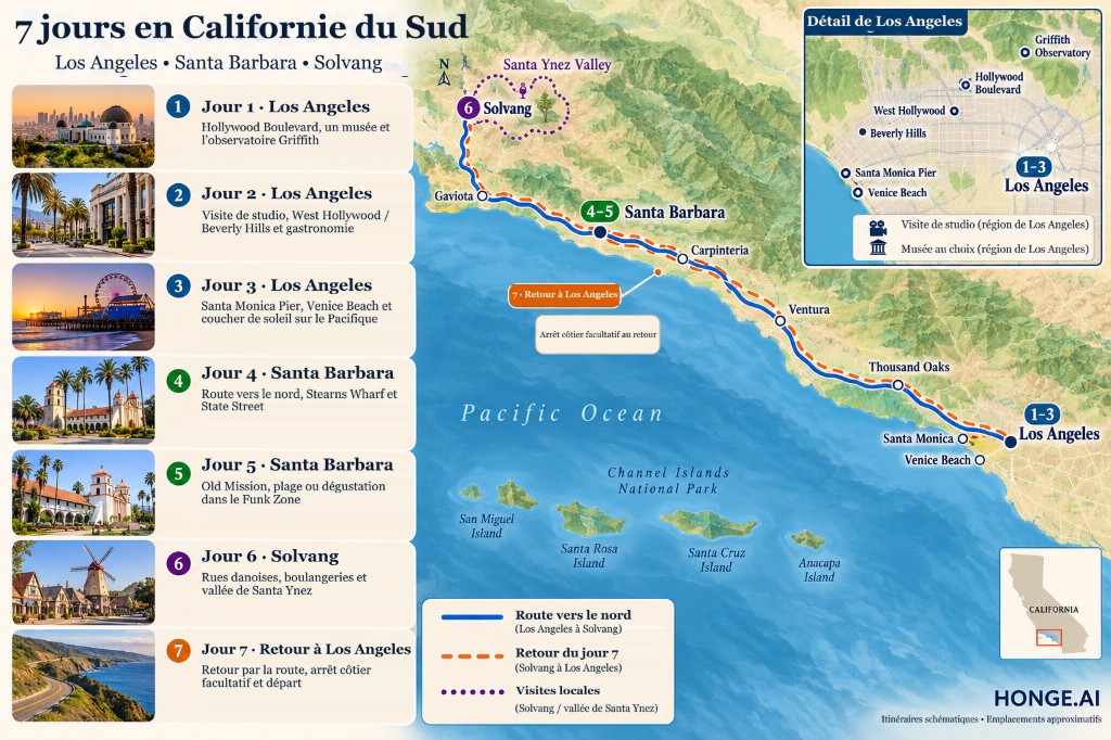 Carte d'itinéraire illustrée de 7 jours en Californie du Sud, de Los Angeles à Santa Barbara et Solvang, avec panneaux quotidiens et itinéraire de retour côtier