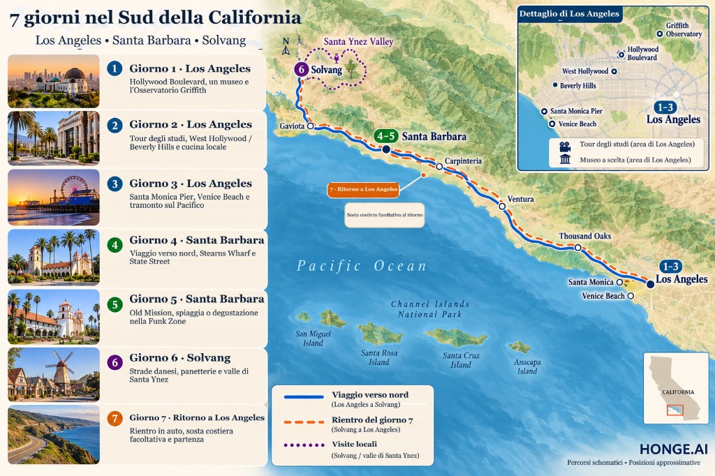 Mappa illustrata dell'itinerario di 7 giorni della California meridionale da Los Angeles a Santa Barbara e Solvang con pannelli giorno per giorno e percorso di ritorno costiero