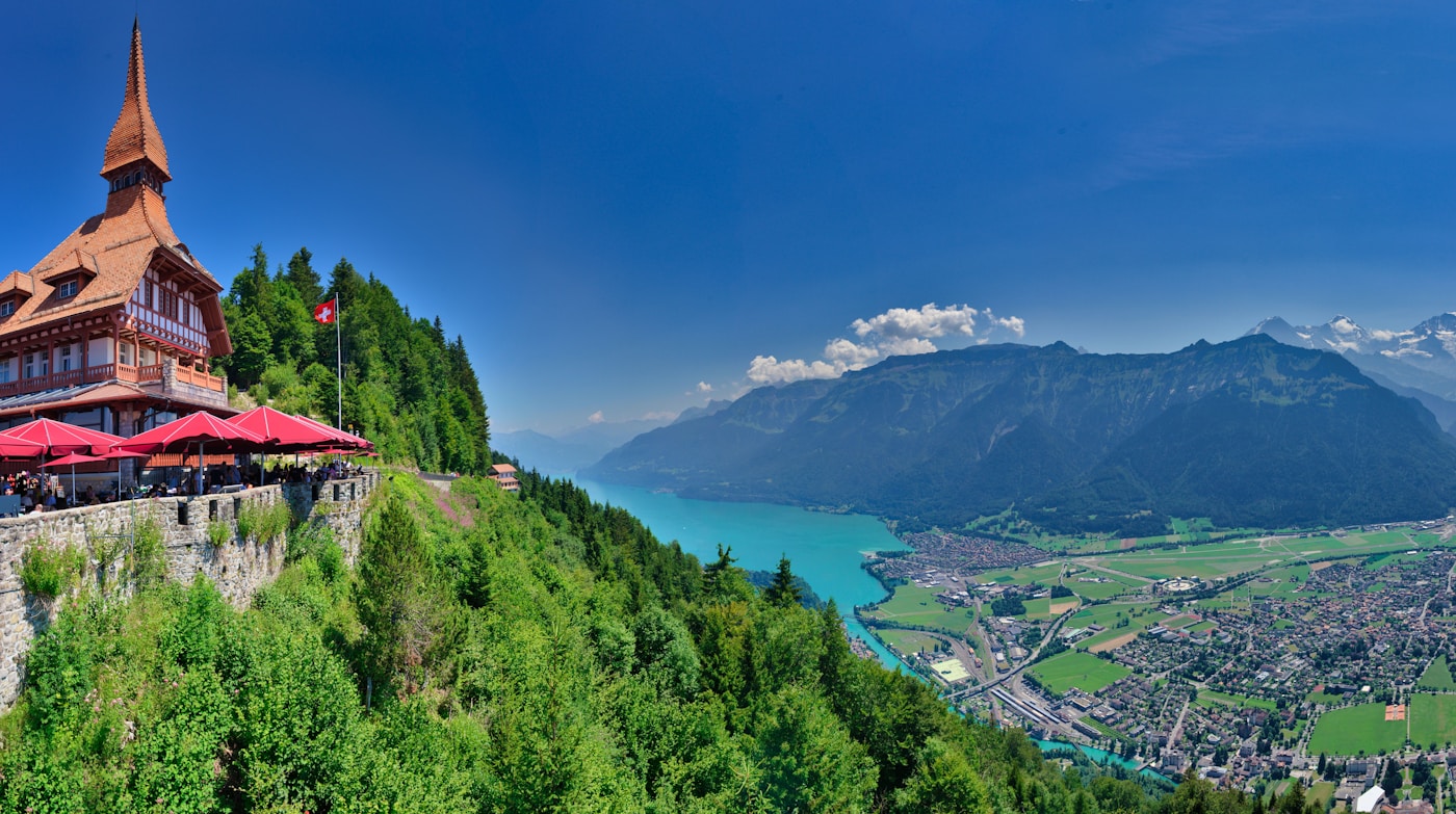 Harder Kulm viewpoint overlooking Lake Thun, Lake Brienz, and mountain peaks near Interlaken, Switzerland