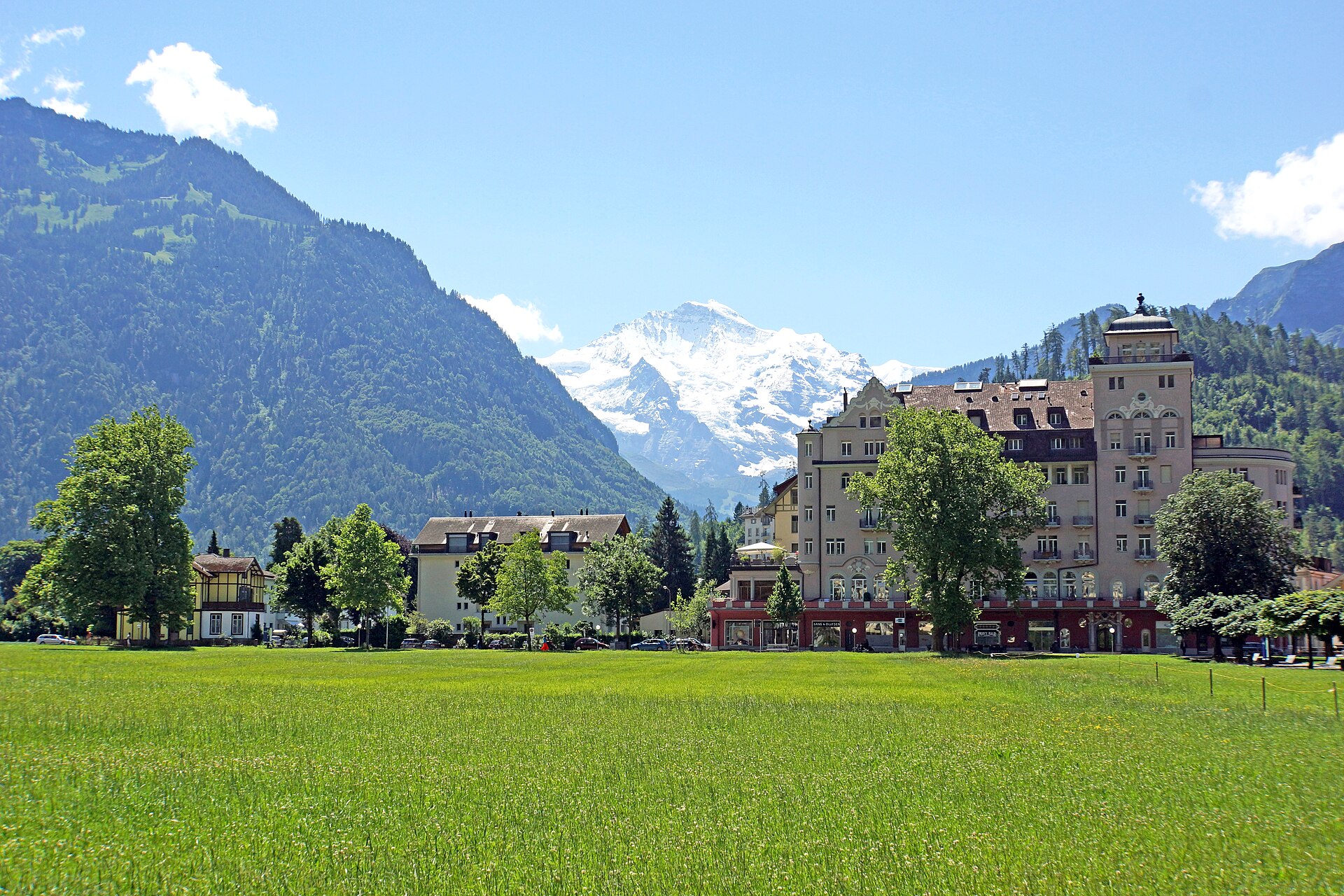 View of Jungfrau peak rising above the Bernese Alps near Interlaken, Switzerland