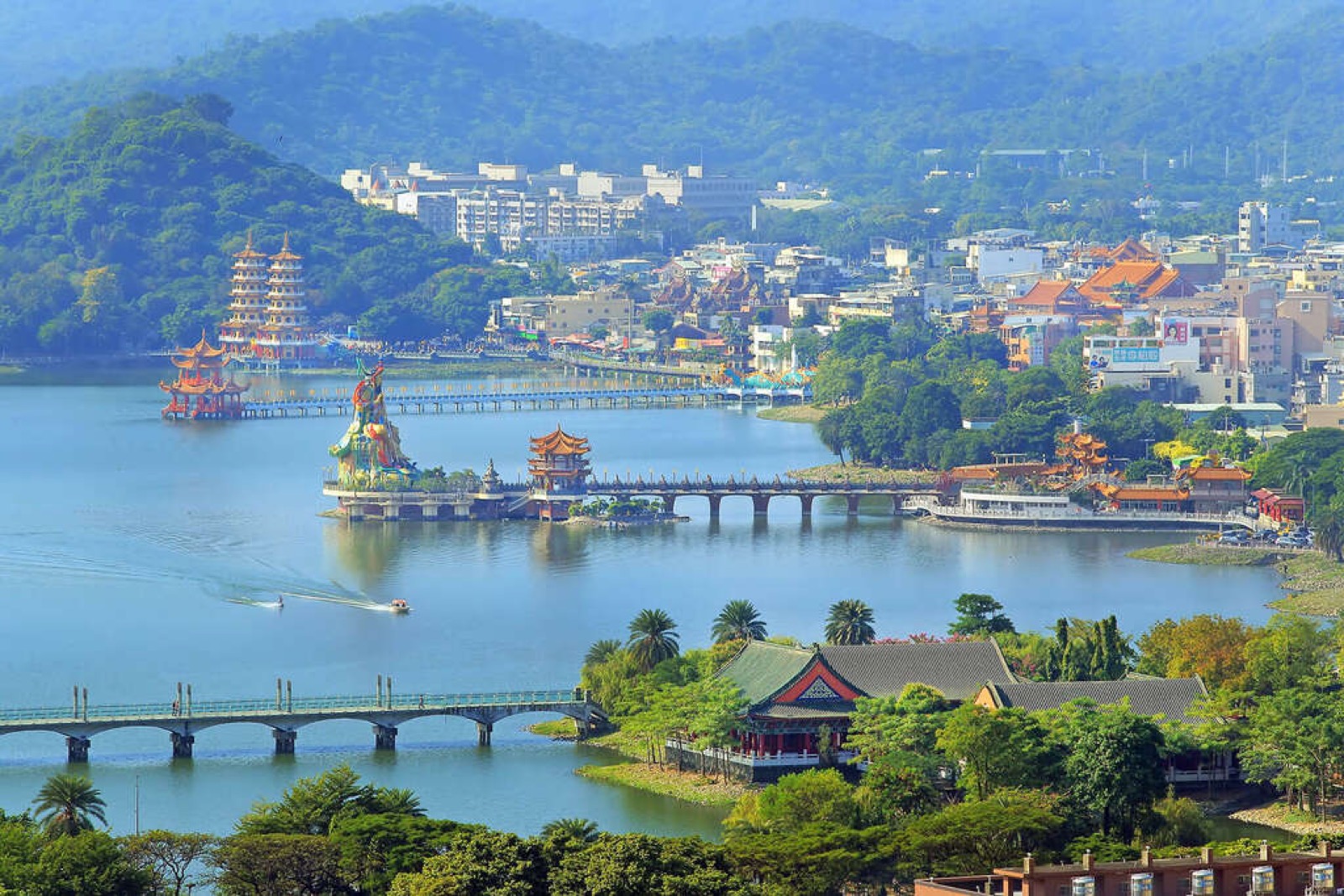 Temples and pagodas reflected on Lotus Pond in Kaohsiung