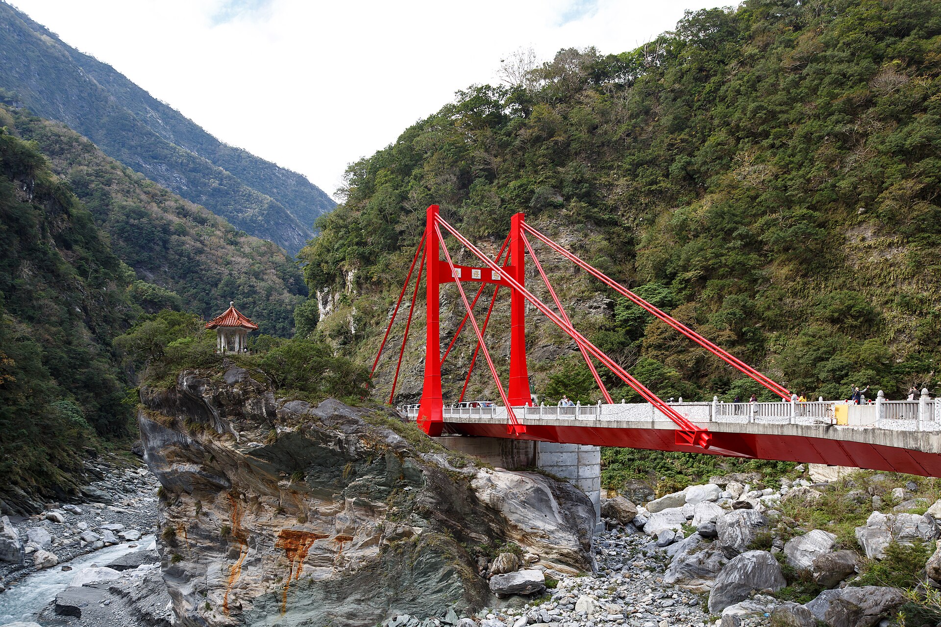 Marble cliffs and Cihmu Bridge spanning a river valley in Taroko National Park, Hualien