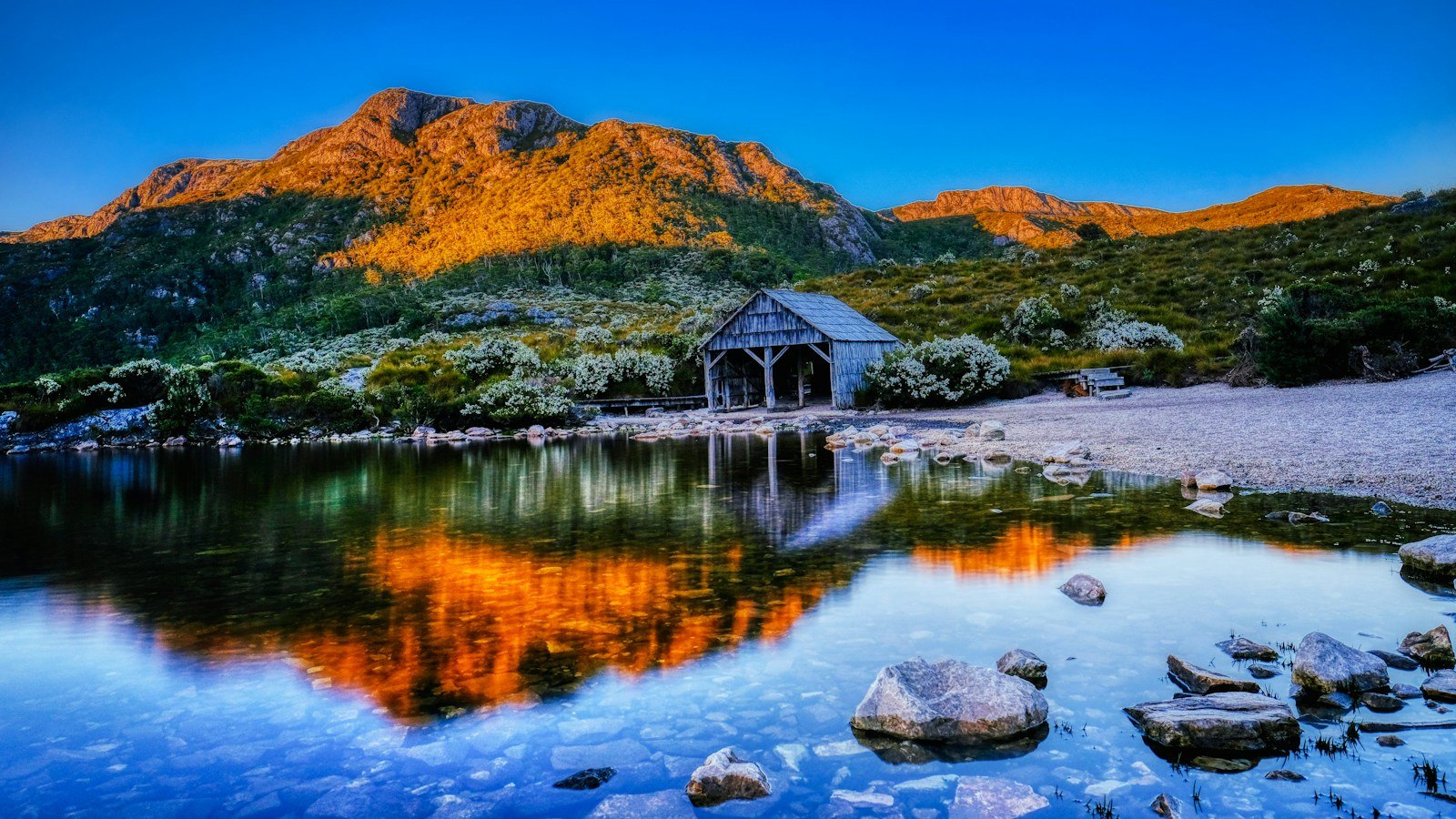 Iconic Cradle Mountain landscape, with a rustic wooden shelter reflected in the calm water at sunrise