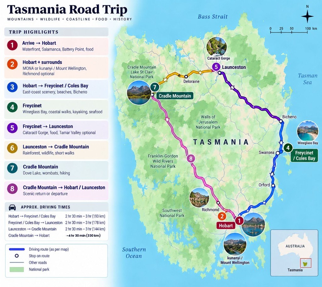 Illustrated 8-day Tasmania road trip map from Hobart to Freycinet and Coles Bay, inland to Launceston, then west to Cradle Mountain