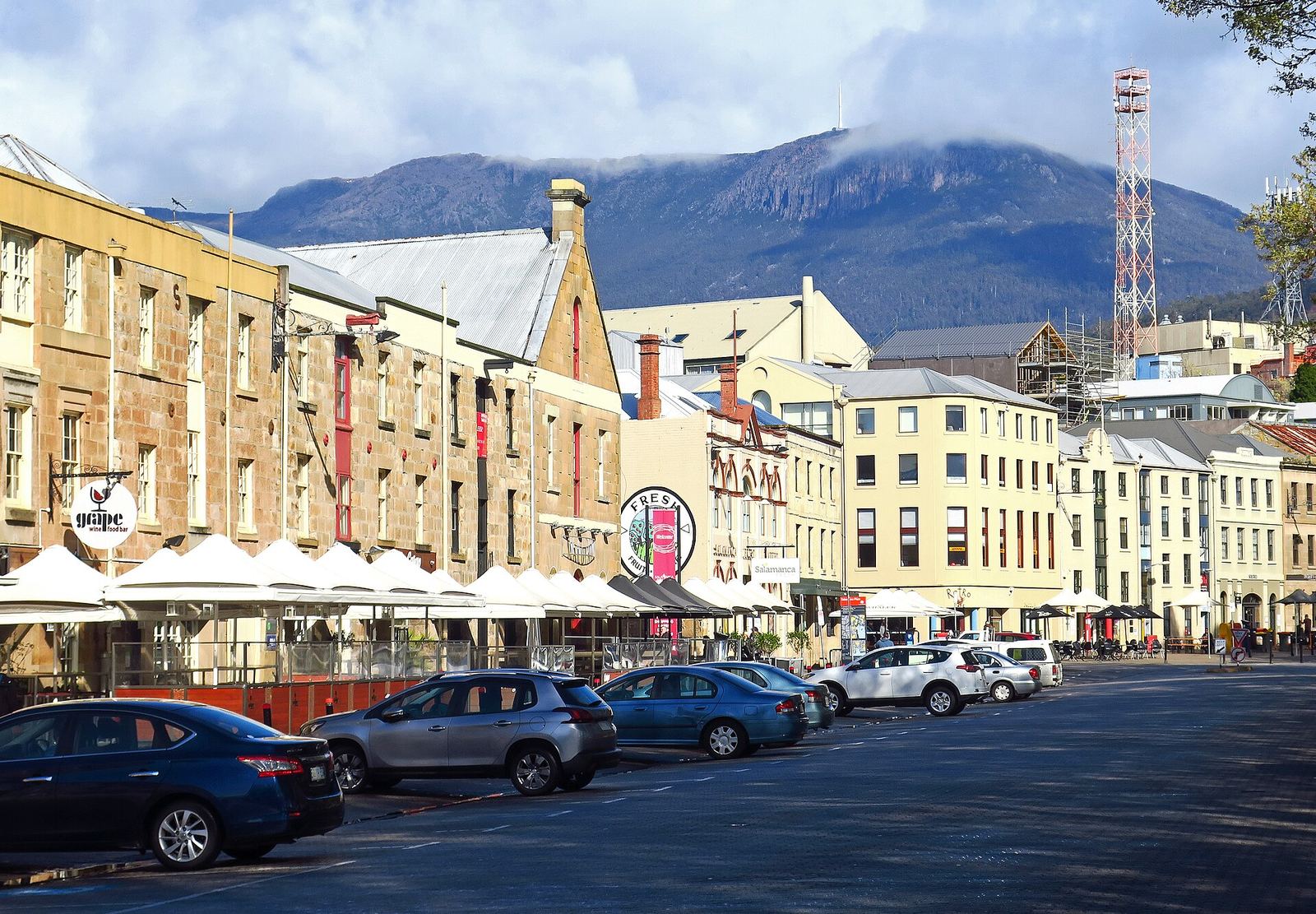 Salamanca Place in Hobart set against the backdrop of Mount Wellington