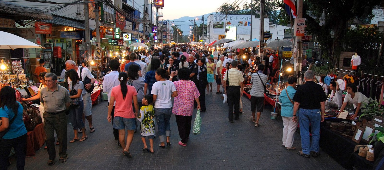 Chiang Mai Sunday evening walking street market with Doi Suthep in the background