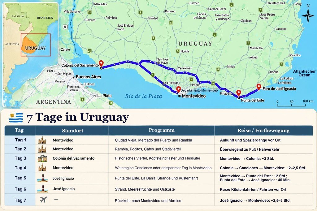 Illustrierte Karte der 7-Tage-Route durch Uruguay von Montevideo nach Colonia del Sacramento, Canelones, Punta del Este und José Ignacio, mit einer Tag-für-Tag-Übersicht