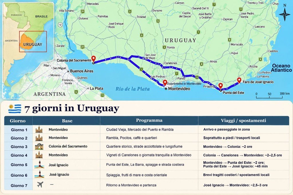 Mappa illustrata del percorso di 7 giorni in Uruguay da Montevideo a Colonia del Sacramento, Canelones, Punta del Este e José Ignacio, con un pannello giorno per giorno