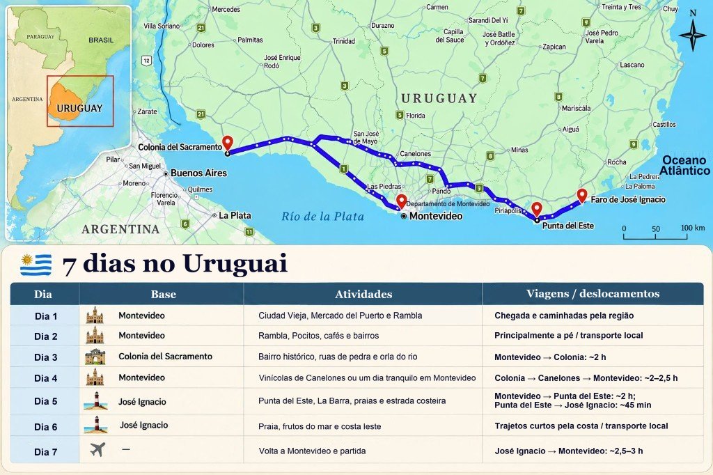 Mapa ilustrado do roteiro de 7 dias pelo Uruguai, de Montevidéu a Colônia do Sacramento, Canelones, Punta del Este e José Ignacio, com um painel dia a dia