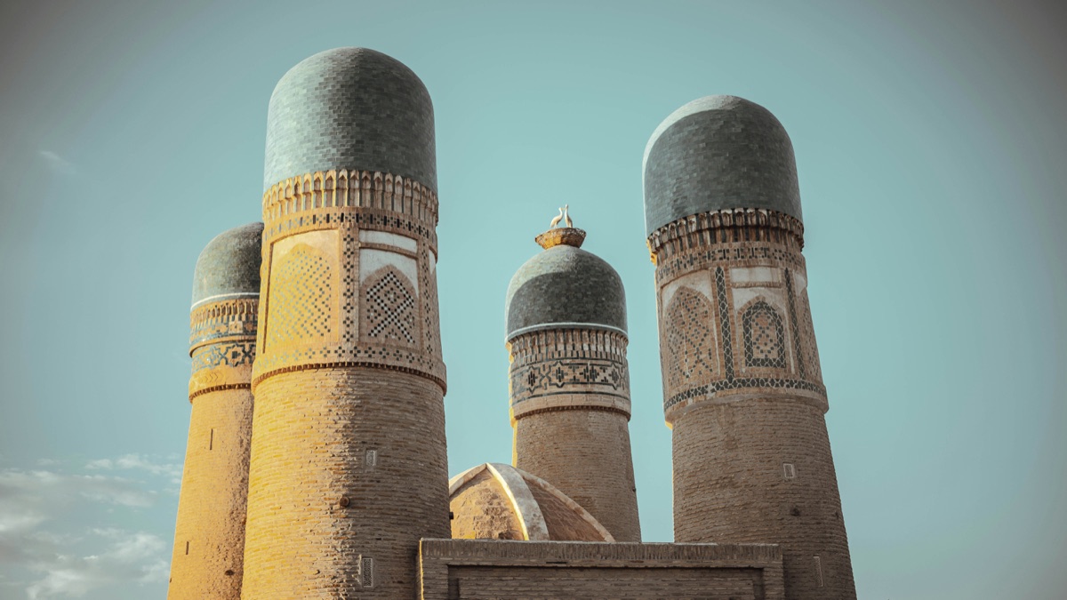 Chor Minor in Bukhara with four turquoise-domed towers