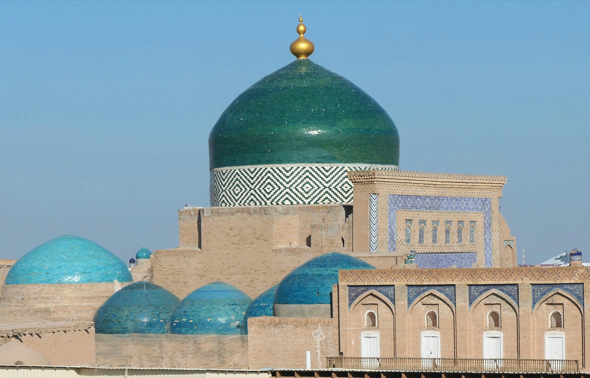 Turquoise domes of the Pahlavan Mahmoud Mausoleum in Khiva
