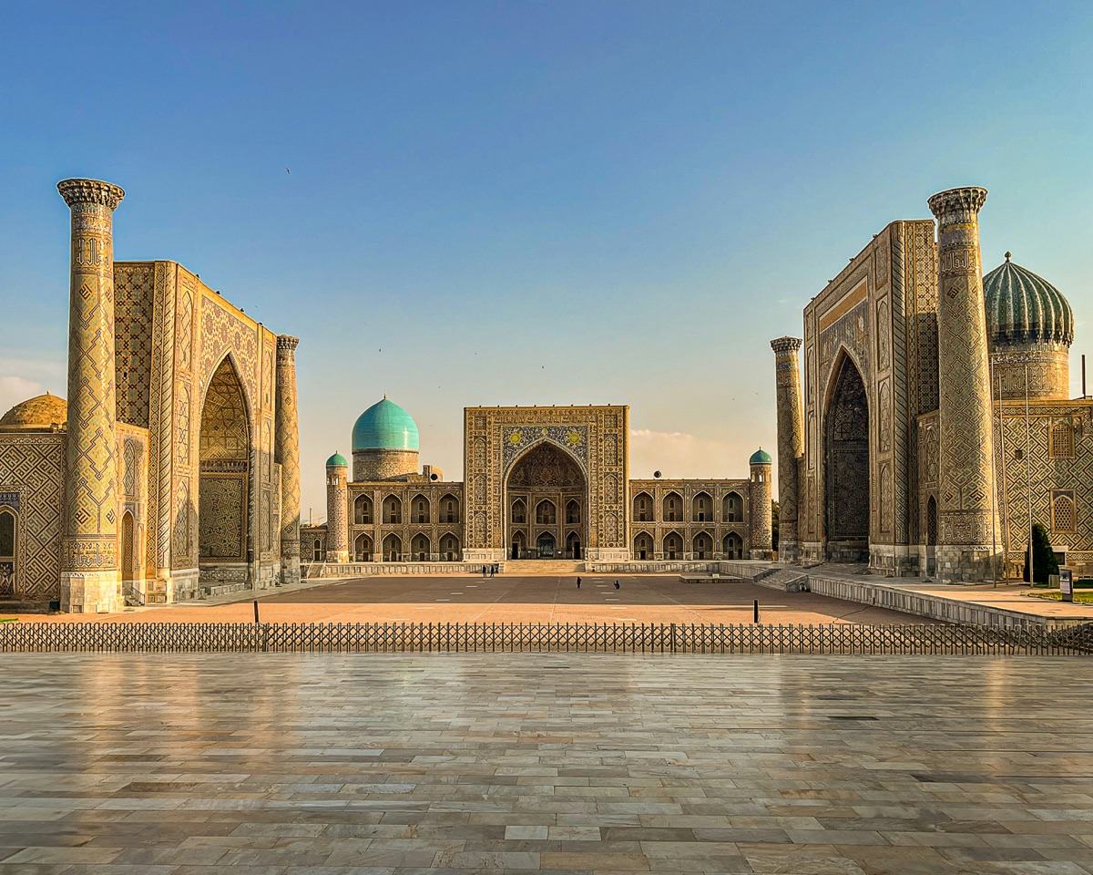 Registan Square in Samarkand with blue-domed madrasas