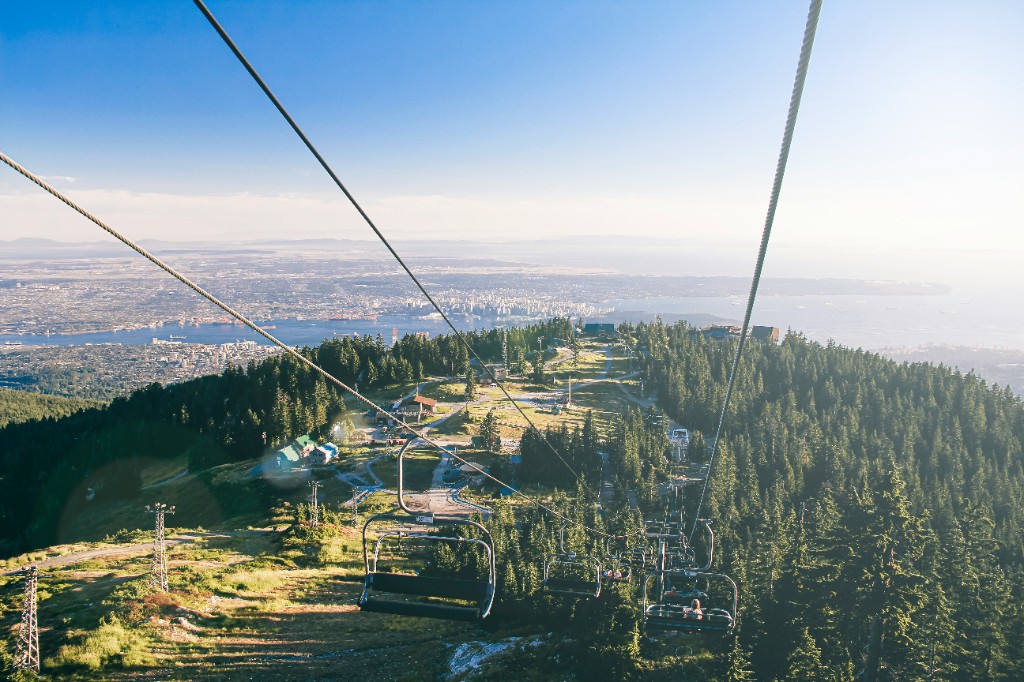 Views from Grouse Mountain over Vancouver, the coastline and the Pacific Ocean