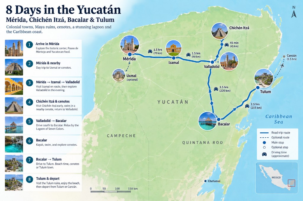 Illustrated 8-day Yucatán road trip map from Mérida through Izamal and Valladolid to Bacalar and Tulum, with Chichén Itzá shown as a day trip from Valladolid