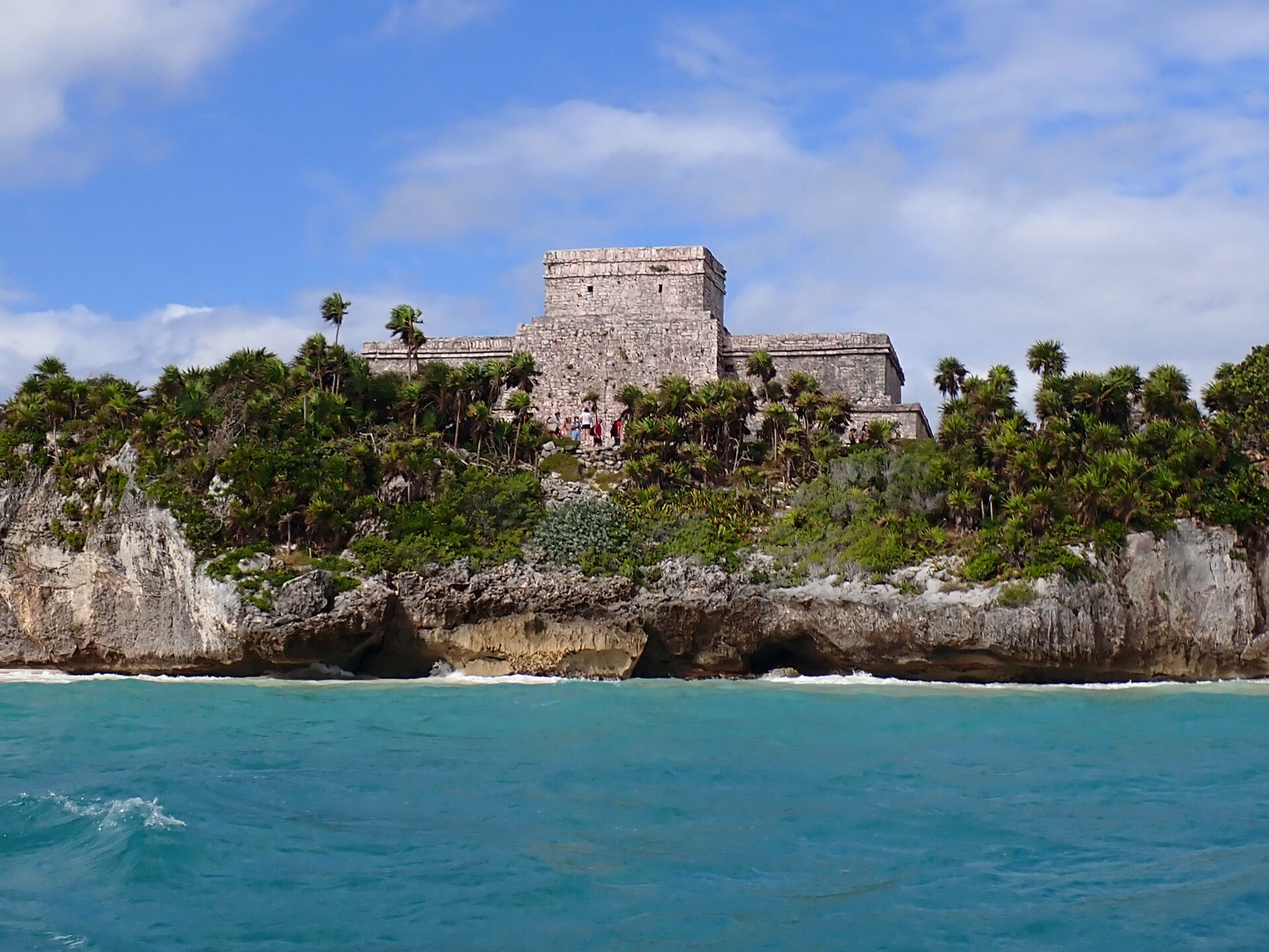 Stone Maya structures at the Tulum Archaeological Zone overlooking the Caribbean Sea