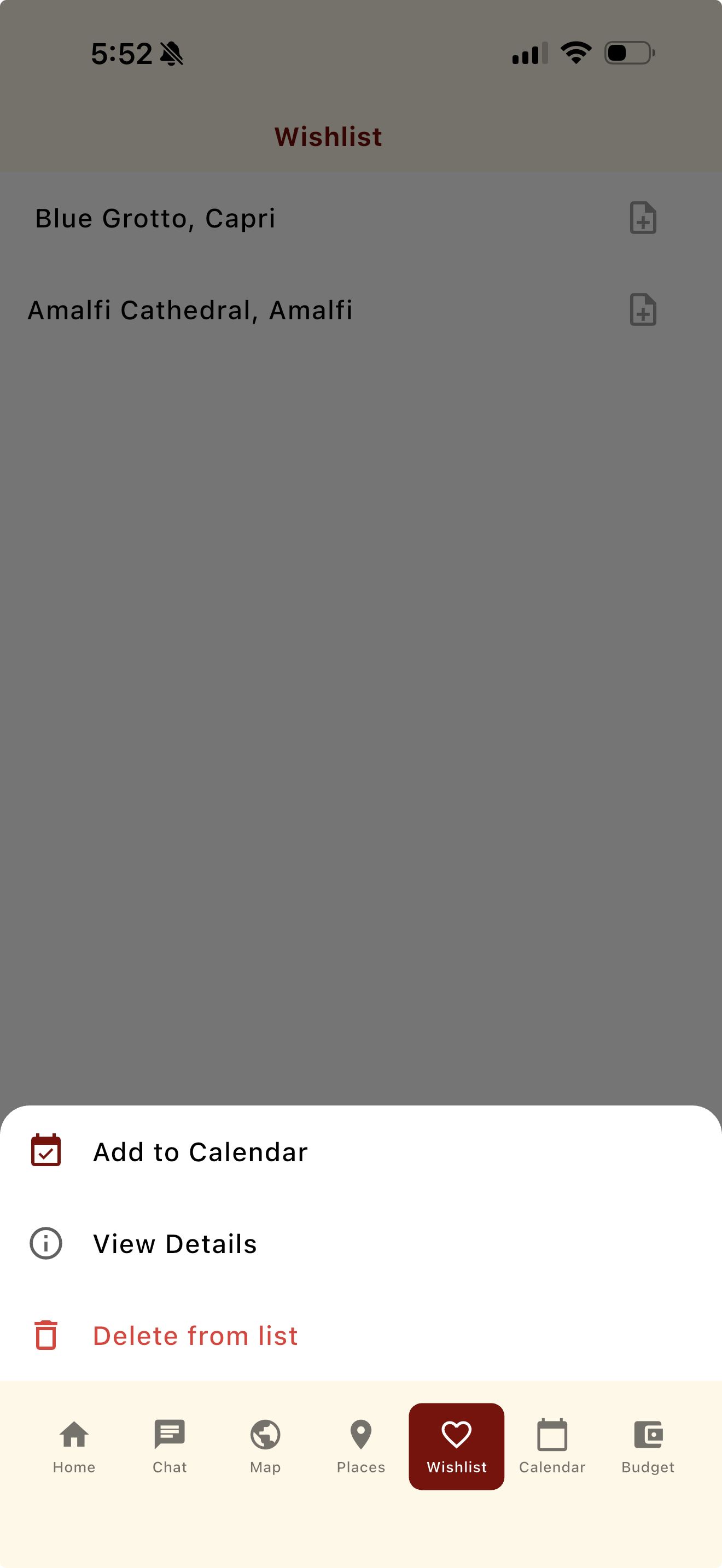 Wishlist item actions